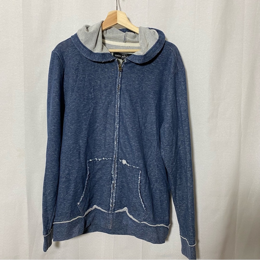 Sunday Work Clothes Blue Distressed Zip-Up Jacket hoodie Men’s Sz L Vintage Wash